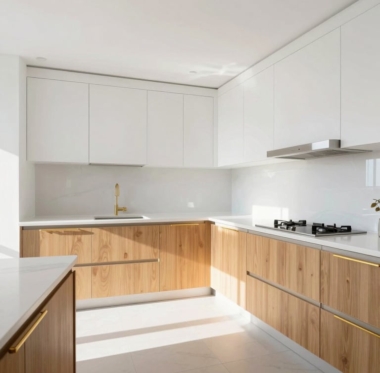 Bright architectural shot of a newly remodeled kitchen with clean white countertops, warm gold cabinet handles, and natural light streaming in, wide-angle framing.