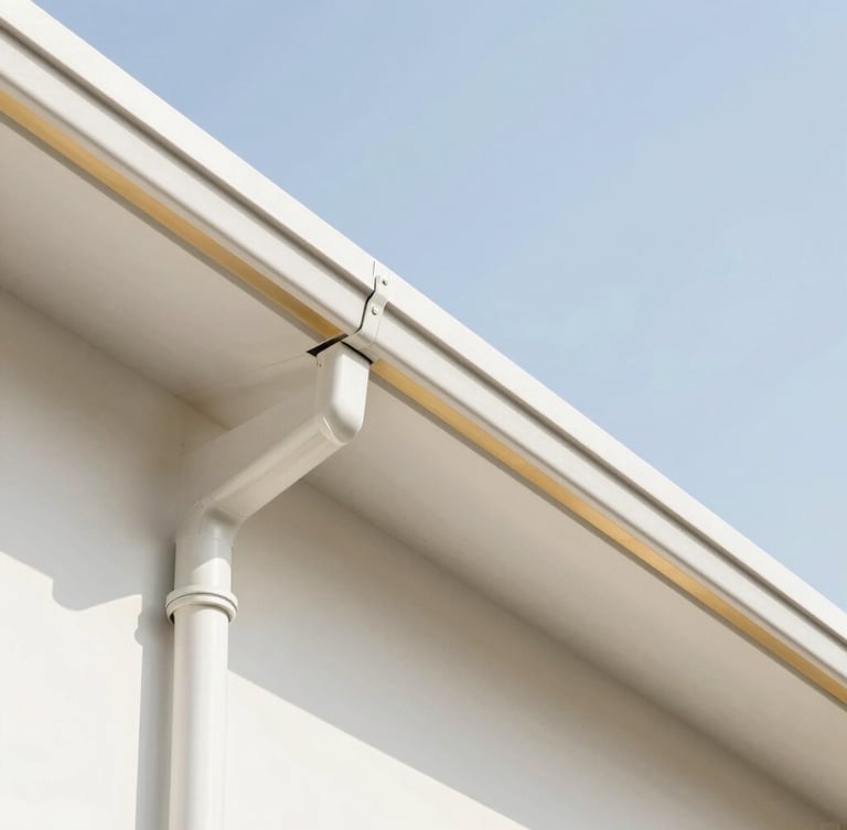 Crisp, newly aligned seamless gutter system running along a clean roofline, bright daylight, sharp focus, architectural detail