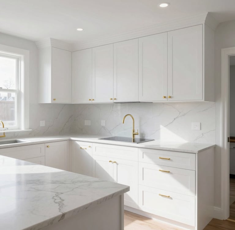 Wide-angle architectural shot of a bright, newly remodeled kitchen in Birmingham. Clean lines, white shaker cabinets, white quartz countertops with subtle gray veining, warm gold hardware, natural daylight pouring in from a side window, sharp focus.