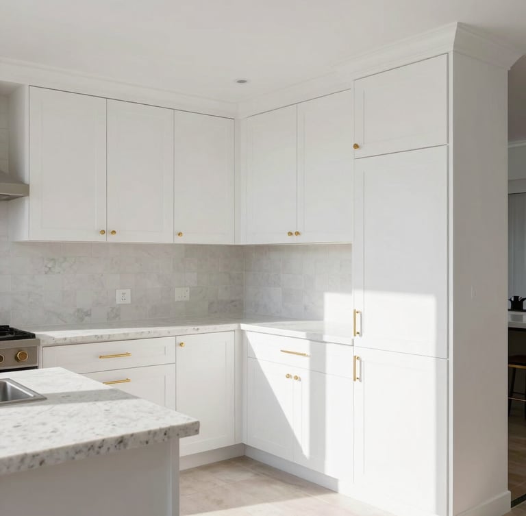 Bright modern kitchen remodel with crisp white cabinets, warm gold hardware, clean quartz countertops, natural daylight, straight architectural angle.
