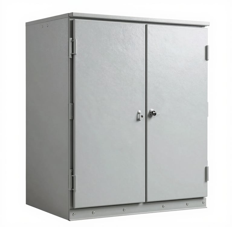 Straight-on technical shot of an industrial electrical enclosure, clean gray steel plating, heavy-duty latches, neutral studio lighting, white background
