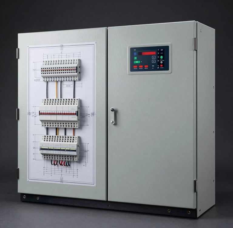 Technical blueprint of an electrical panel layout next to a physical gray thermoplastic enclosure, high contrast, studio lighting.