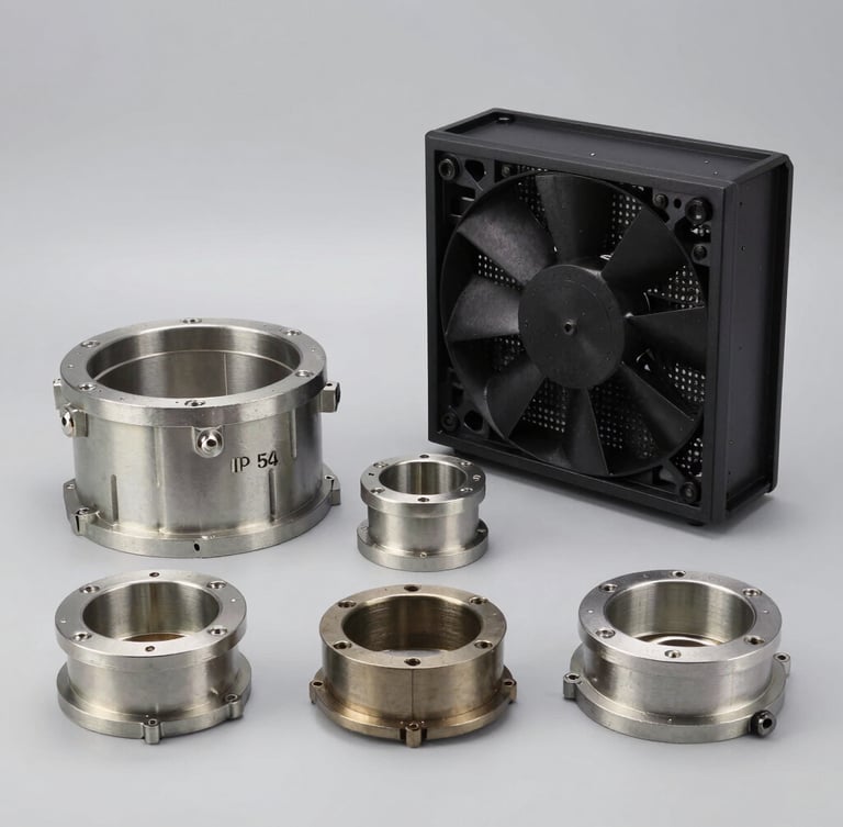 Straight-on technical studio shot of industrial cable glands and IP54 fan filters arranged neatly on a clean gray background, sharp focus, technical lighting.