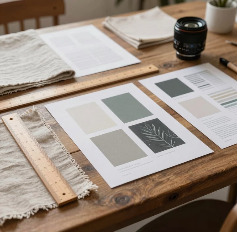 Soft-lit workspace interior of a boutique design studio in Vineyard, Utah, with linen swatches, wooden rulers, and printed visual identity mockups arranged on a rustic table, warm diffused daylight.