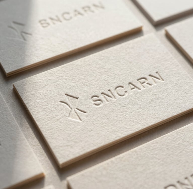 Close-up of embossed business cards on textured linen paper, soft morning light casting gentle shadows, warm editorial crop