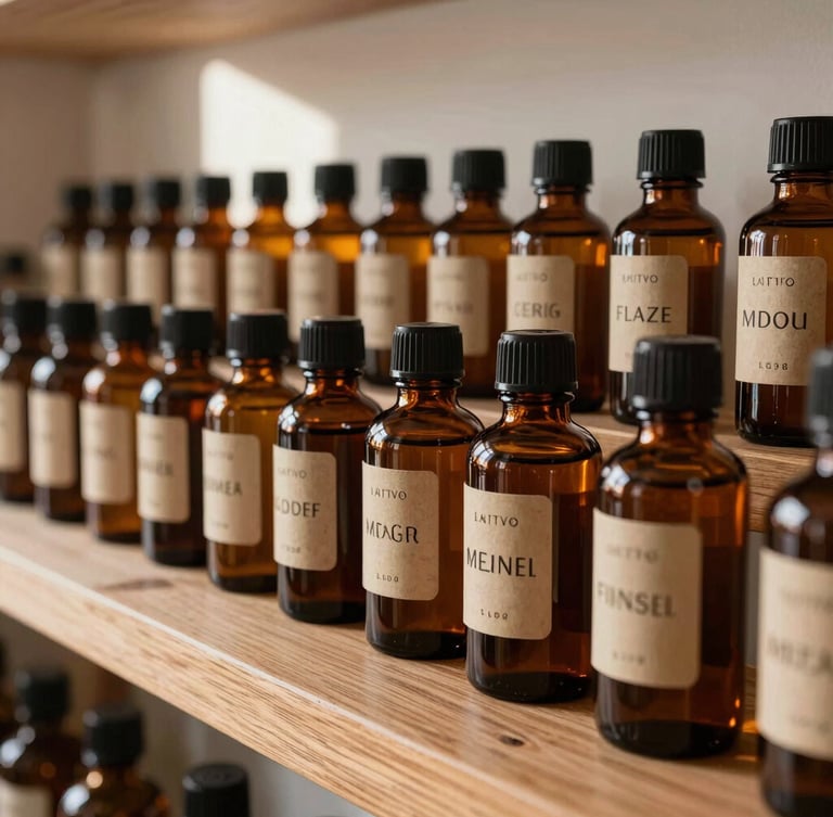A wide environmental shot of amber apothecary bottles on a raw cedar shelf, soft north-facing daylight illuminating the blind-embossed labels.