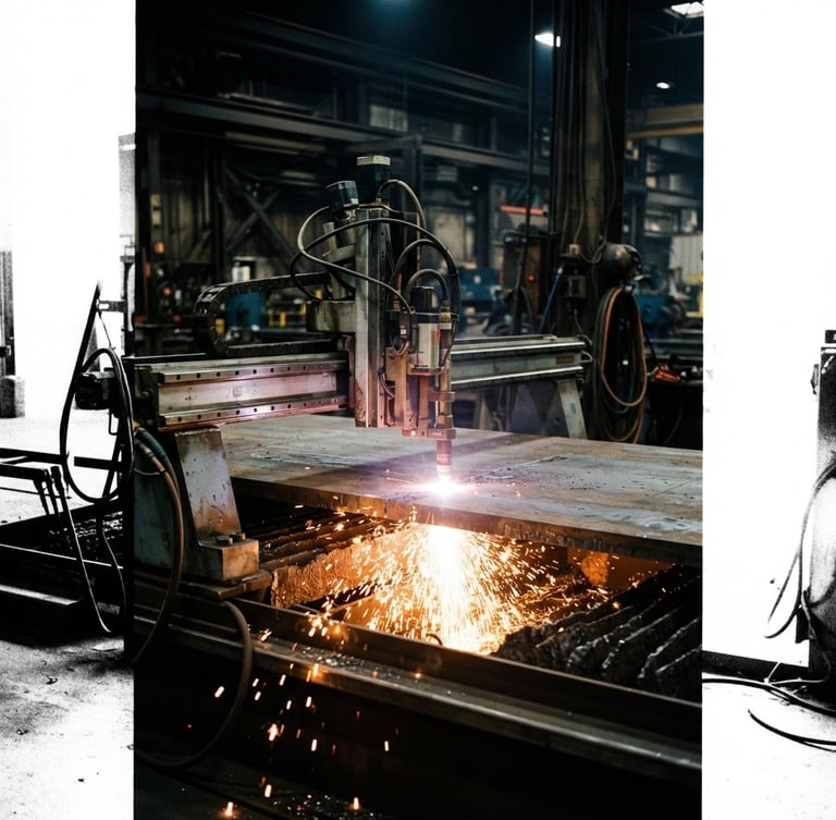 Wide shot of a CNC plasma cutter intensely cutting thick steel plate, sparks flying dramatically, high-contrast industrial lighting, deep shadows, cool steel tones with warm amber highlights, 35mm, portrait aspect, subject slightly off-center to the left.