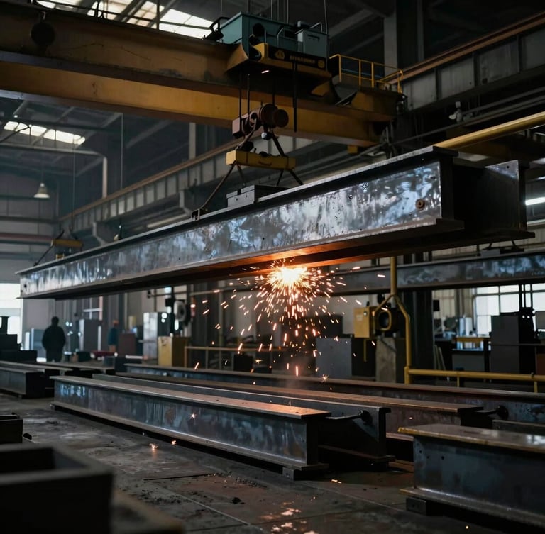 Gritty industrial photography of the Forney shop floor, heavy overhead cranes moving massive steel I-beams, dramatic high-contrast lighting with sparks flying in the background, 35mm