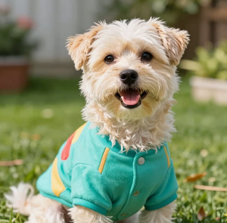 A close-up of a happy small dog wearing a colorful handmade teal shirt, sitting in a sunny garden, vibrant pet photography, bright natural daylight, cheerful colorful tones, sharp focus, 35mm