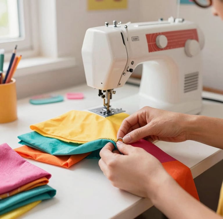 An artisan hand-cutting colorful fabrics in a bright, cheerful workshop in Celaya, sewing machine visible in the background, soft warm lighting, vibrant pet brand aesthetic