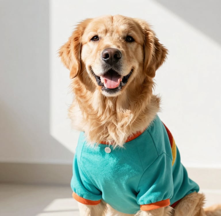 Eye-level shot of a happy golden retriever wearing a colorful handmade teal shirt, sitting in a bright sunny room, sharp focus, vibrant pet photography