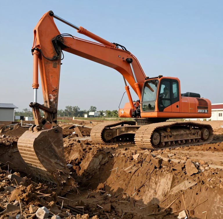Wide environmental shot of a heavy orange excavator digging a precise trench in bright morning daylight, sharp focus, 35mm lens.