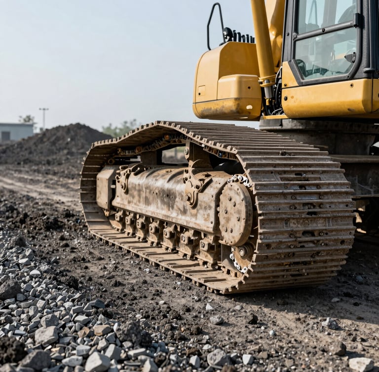 Tight shot of heavy excavator tracks gripping compacted gravel and dark soil, bright morning daylight, sharp focus, 35mm lens