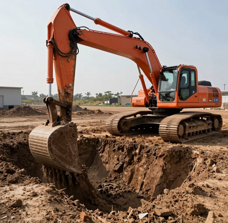 Wide environmental shot of a heavy-duty orange excavator digging deep foundations in sharp morning daylight, high-contrast dirt textures, 35mm lens