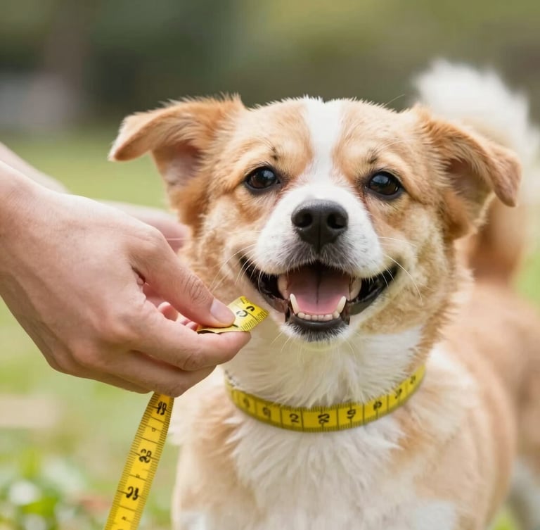 Close-up of human hands gently measuring a happy small dog with a yellow tape measure, bright natural daylight, warm tones, soft focus background