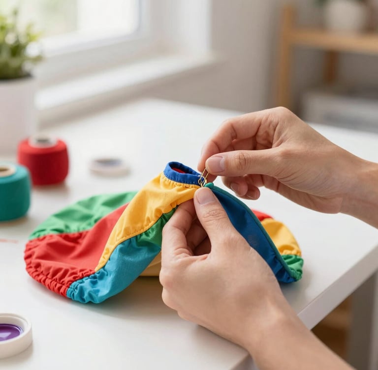 Hands of an artisan carefully sewing a colorful pet garment with high-quality fabrics in a bright, sunlit home workshop in Mexico