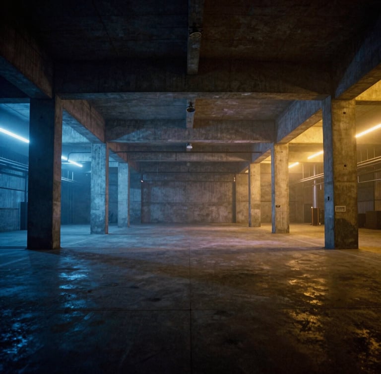 Wide-angle shot of a raw concrete industrial warehouse in Rome, moody blue and amber stage lights cutting through haze, empty space, 35mm film grain.