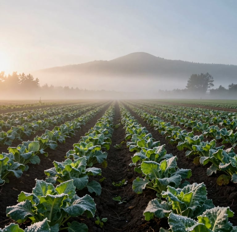Wide environmental shot of a misty Oregon valley farm at sunrise, dew on rows of organic greens, soft Scandinavian morning light, deep shadows.