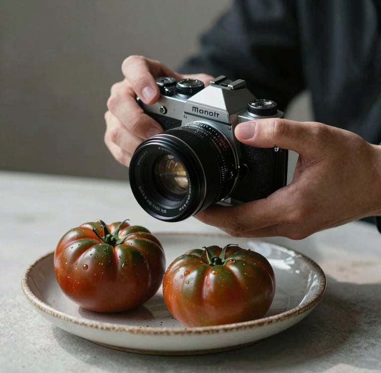 Moody, side-lit close-up of hands adjusting a vintage camera lens over a rustic ceramic plate of dark heirloom tomatoes, soft shadows, Scandinavian natural light.