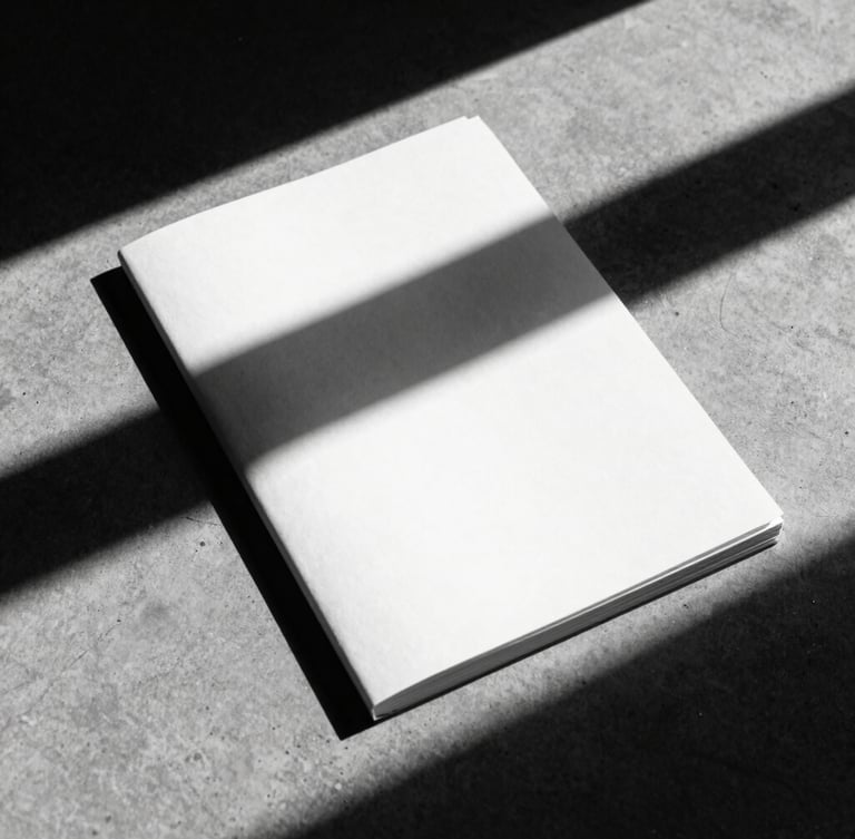 Close-up of a starkly lit printed brand book on a raw concrete surface, hard directional shadows, high contrast black and white, minimalist composition