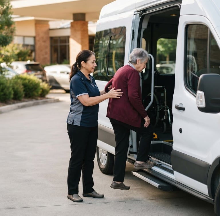 Professional operator in clean uniform assisting a patient with dignity into a modern, specialized transit van, bright natural daylight, soft warm tones, medium depth of field.