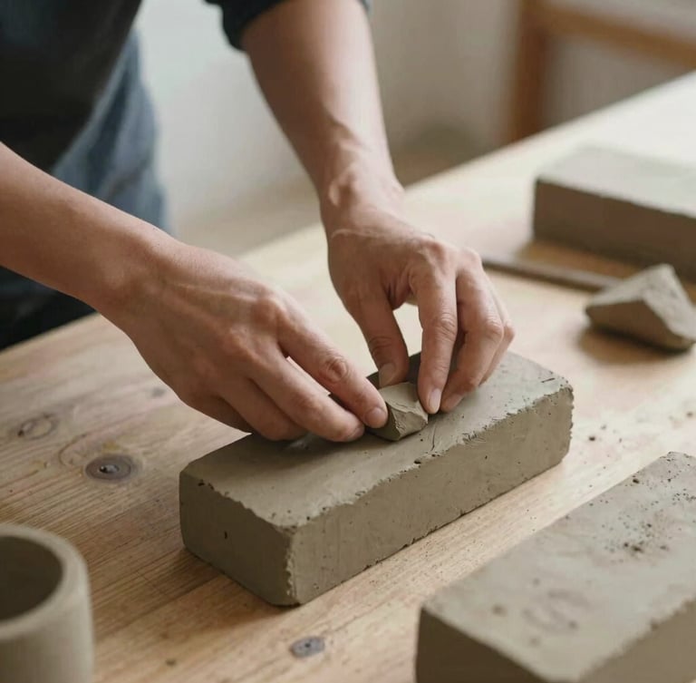 Hands carefully arranging hand-made clay bricks on a wooden table, soft natural side lighting, warm muted tones, candid documentary style