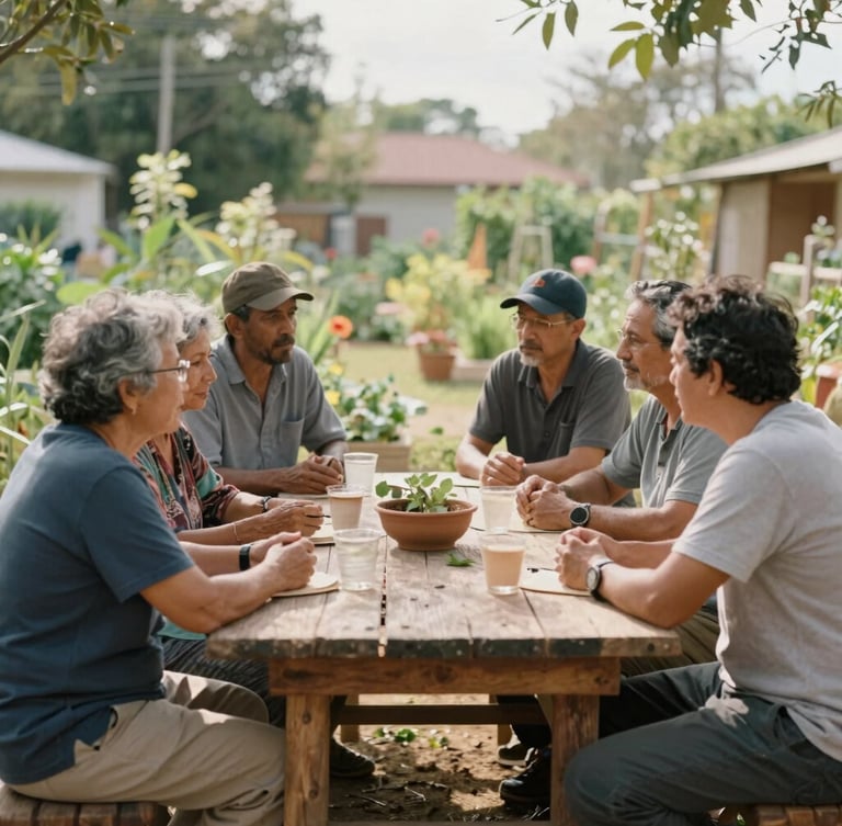 Documentary film photography of community leaders collaborating around a rustic wooden table in a sunlit community garden, soft natural daylight, warm muted earth tones, unposed candid moment.