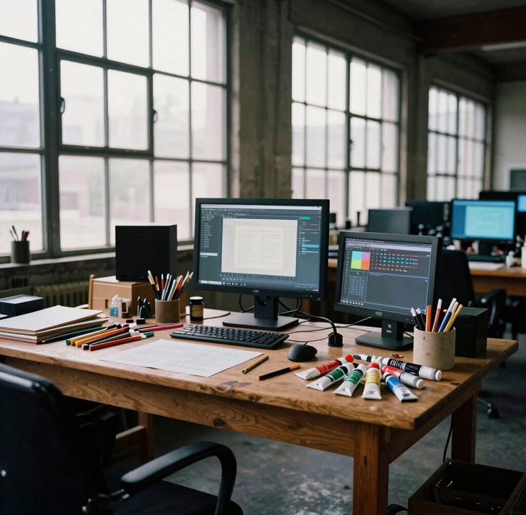 A messy wooden studio table covered in mixed media tools, paint tubes, and digital screens glowing in a high-contrast industrial warehouse setting, raw daylight through large steel windows.