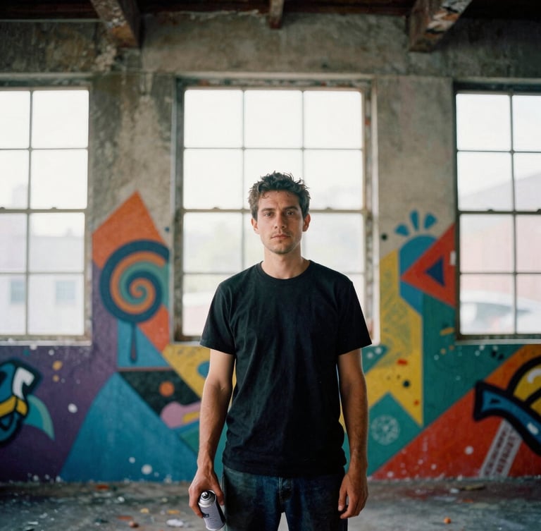 Candid portrait of a local street artist standing in front of a half-finished mural, holding a spray can, raw daylight through industrial windows, 35mm film grain