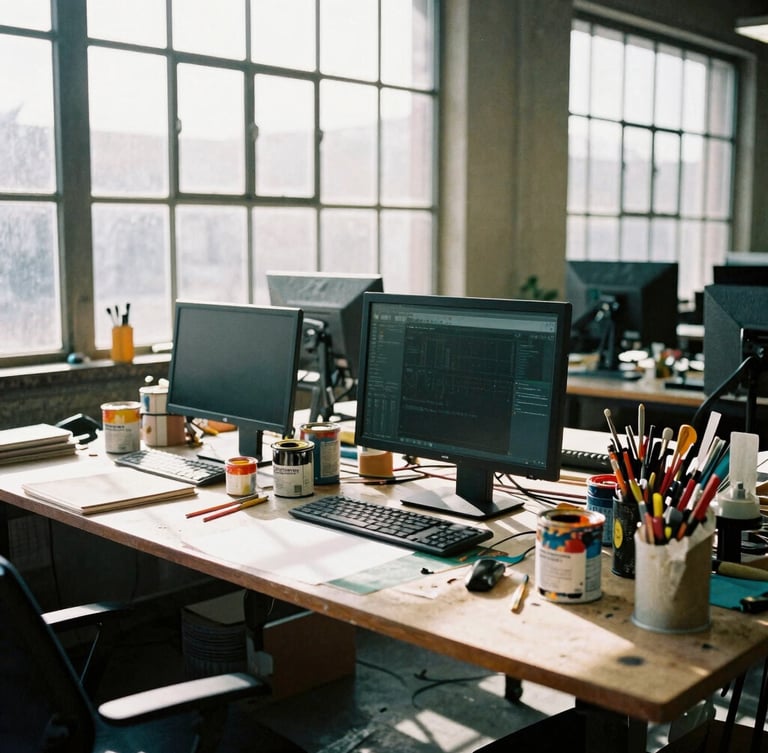 An active, messy art studio table cluttered with paint cans, digital screens, and mixed media tools, raw daylight through industrial windows, high-contrast shadows, 35mm film grain
