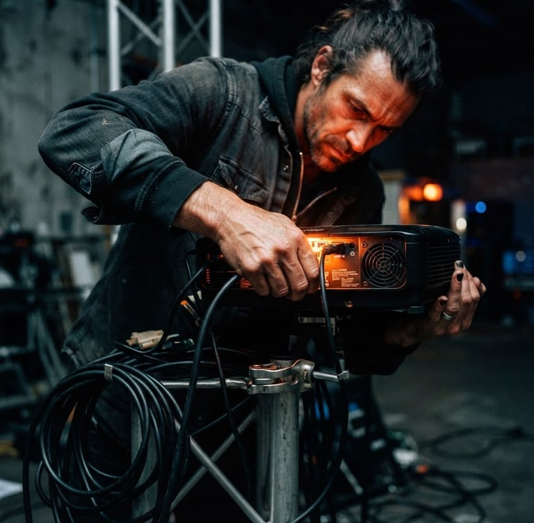 Candid close-up of an artist adjusting a digital projector cable in a dark industrial warehouse studio, neon orange glow, raw ambient light, 35mm film grain.