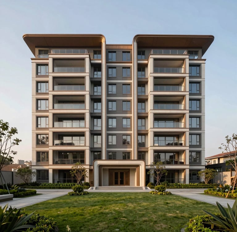 Wide-angle architectural photograph of a modern luxury residential facade in Alkapuri, clean lines, warm evening light, manicured green landscaping.