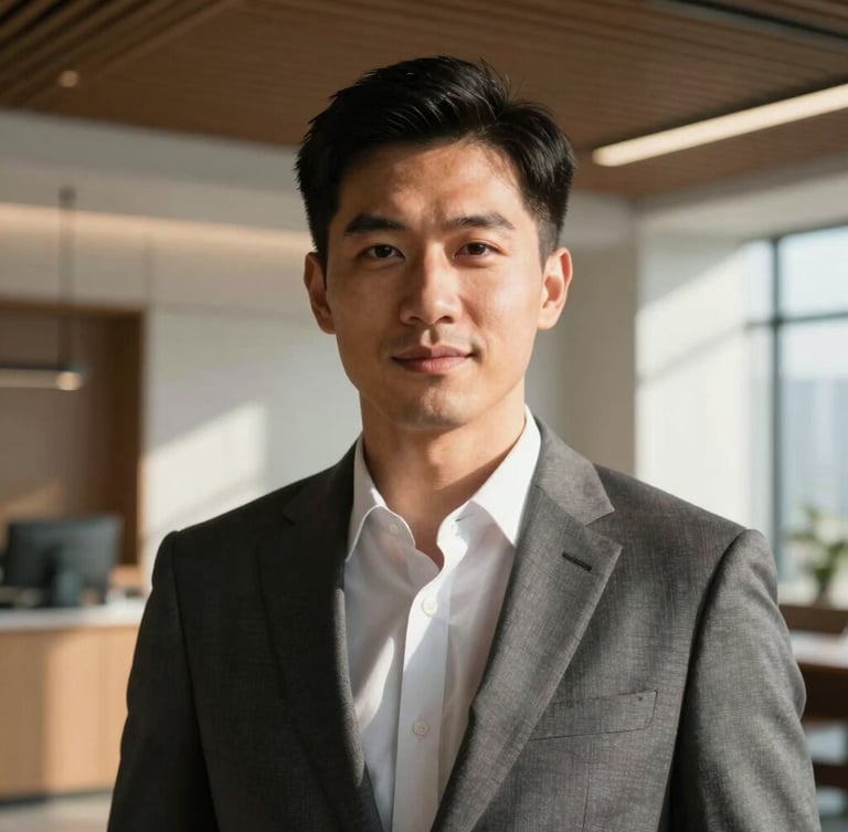 Close-up portrait of a professional male real estate broker in a tailored suit, warm natural side-lighting, modern high-ceiling office interior with architectural details in the background, sharp focus.