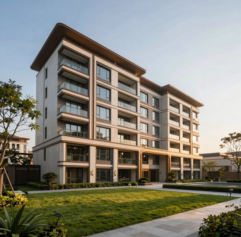 Wide-angle architectural exterior of a modern luxury residential estate in Alkapuri, clean lines, sun-drenched facade with warm golden hour lighting, manicured green landscaping.