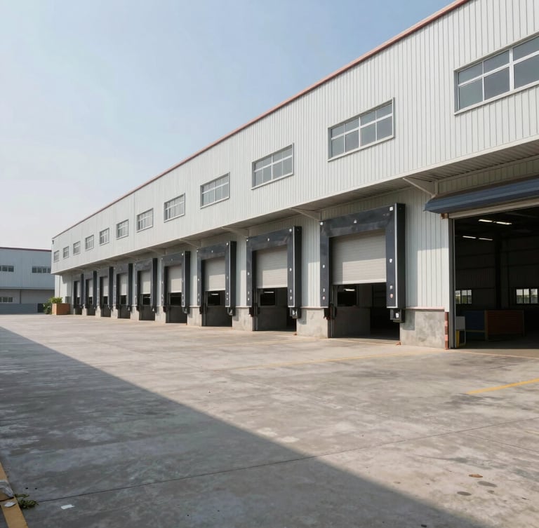 Wide-angle architectural exterior of a modern pre-engineered industrial warehouse with multiple loading docks in Savli, bright daylight, clean concrete driveway, negative space on the left