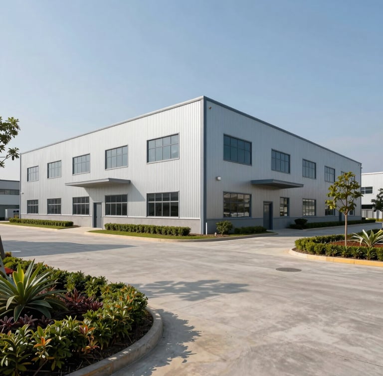 Wide-angle architectural exterior of a modern pre-engineered building industrial facility under clear daylight, sharp concrete driveway, corporate landscaping.