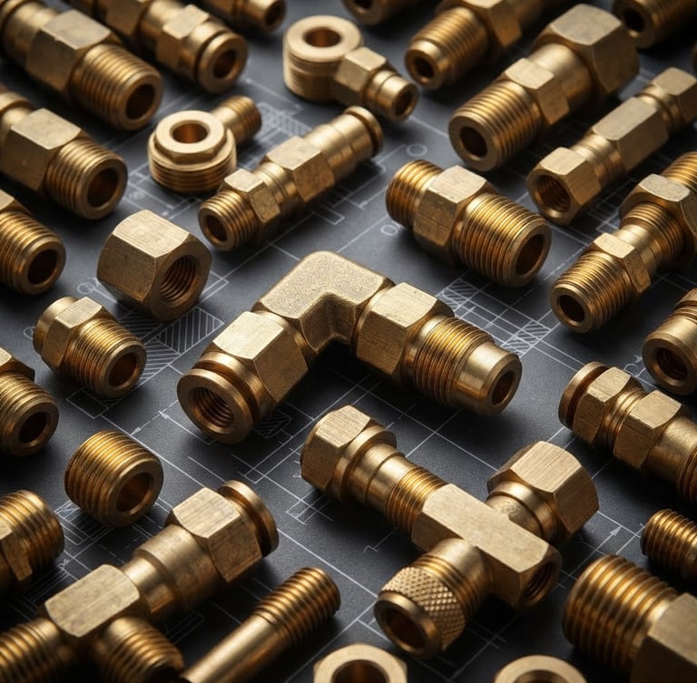 Sharp studio product photography of brass pneumatic fittings on a clean dark gray blueprint background, high-contrast industrial lighting, macro lens