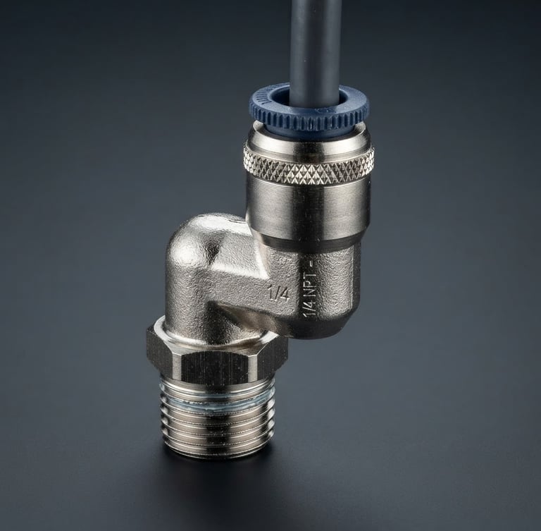 Sharp technical studio product photography of a nickel-plated brass pneumatic fitting, high-contrast industrial lighting, isolated on a clean dark slate gray background