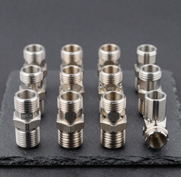 Straight-on technical studio shot of nickel-plated pneumatic elbows and connectors arranged neatly on a dark slate surface, sharp industrial lighting