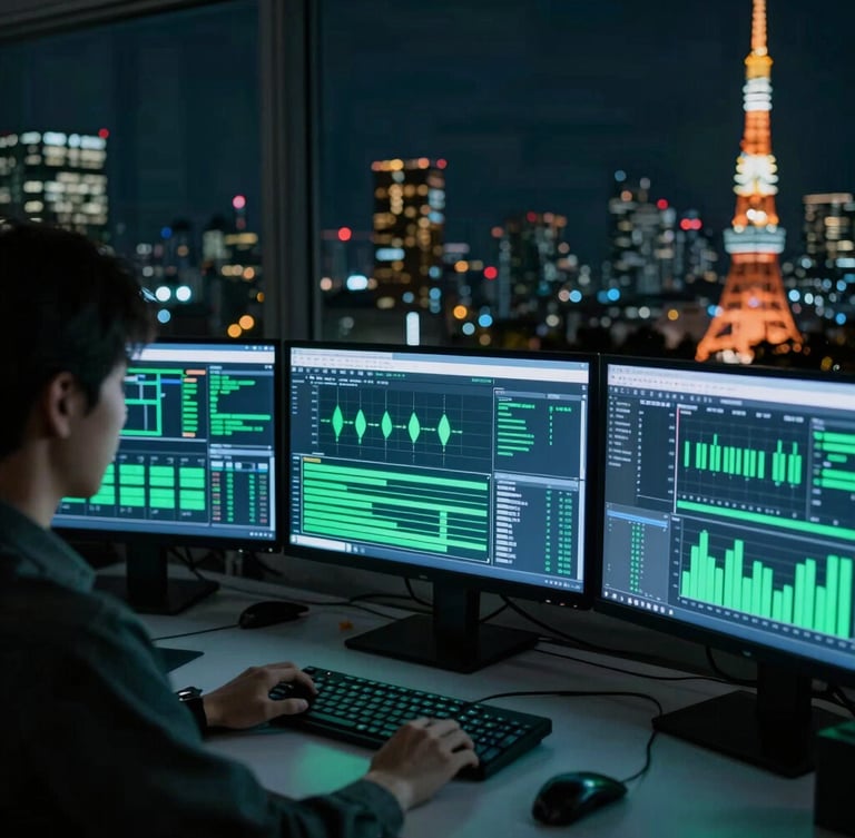 A close-up over-the-shoulder shot of a modern workspace in a high-rise office overlooking Tokyo at night, multiple monitors showing green analytics charts, cool blue and green ambient lighting.