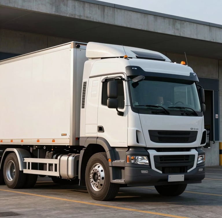 A close-up of a professional heavy-duty truck parked at a modern concrete loading dock in Costa Rica, secure dry cargo doors visible, crisp morning lighting