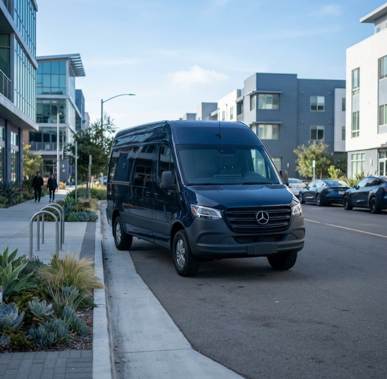 A sharp commercial photograph of a clean, modern dark transport van parked in a structured coastal Playa Vista environment under bright morning daylight, cool blue tones, 35mm.