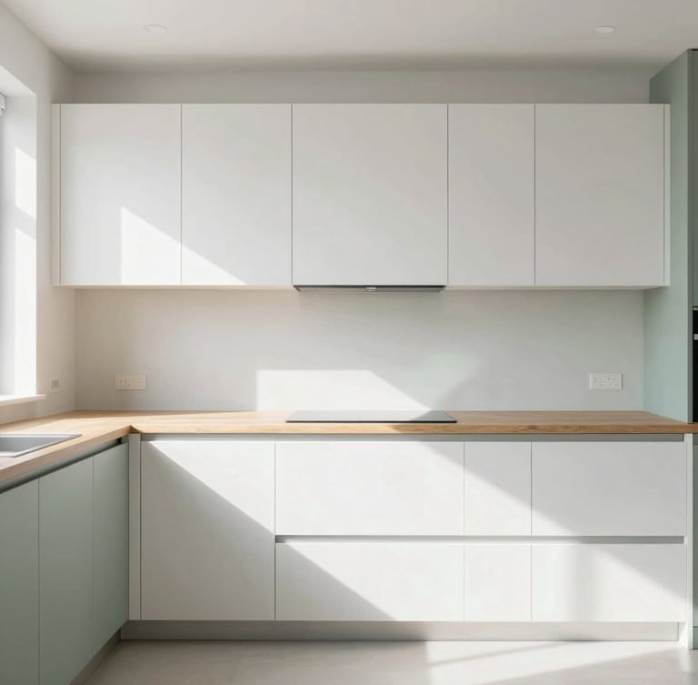 Bright interior photography of a sunlit, immaculate kitchen, soft natural daylight, clean white and sage green tones, sharp focus, 35mm straight-on architectural angle, wooden countertops, negative space on the left