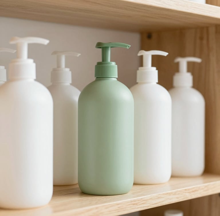 Close-up of eco-friendly cleaning bottles on a clean wooden shelf, soft daylight, warm minimalist home interior, 35mm