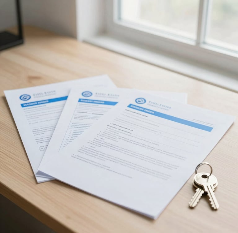 Neatly organized property documents and a set of keys on a bright wooden desk, soft natural window light, professional photography