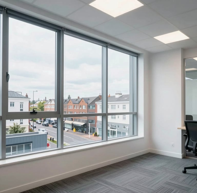 Wide environmental shot of a clean, modern office interior on Wood Green High Road, natural window light, professional and welcoming atmosphere, 35mm lens