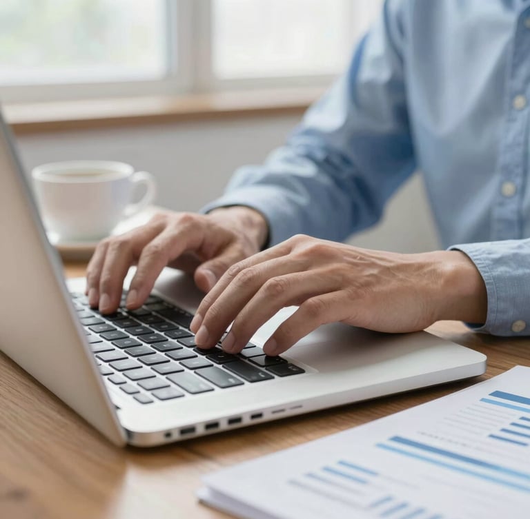 A close-up of hands typing on a laptop next to neatly organized documents and a ceramic coffee cup on a wooden desk, soft natural window light.