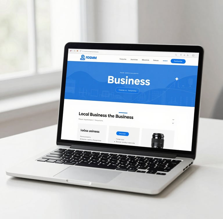 A bright, clean modern laptop showing a professional local business website mockup, soft blue tones, natural window light, 35mm lens