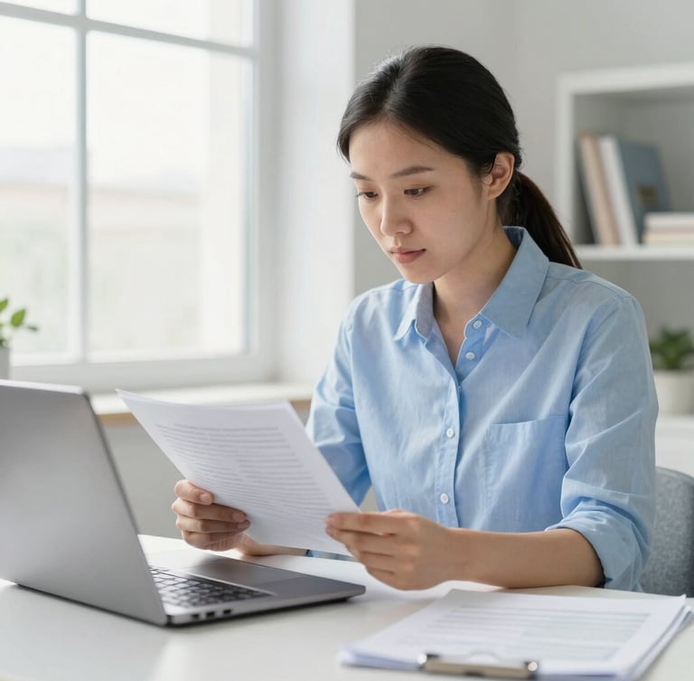 A professional translator reviewing a printed document alongside a laptop, warm natural window light, focused and calm atmosphere