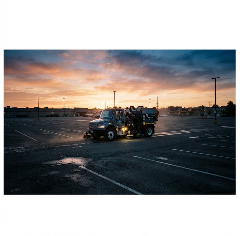 Wide panoramic shot of a heavy-duty regenerative air sweeper truck operating on a commercial parking lot at dawn, high-contrast, safety yellow accents, low horizon, expansive sky, 35mm